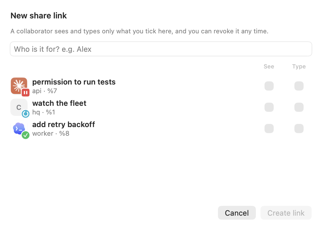 New share link: a label field and a See and Type checkbox for each pane