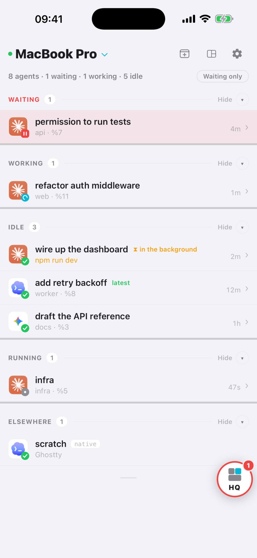 The radar on iPhone: one agent waiting for permission at the top, then working, idle and running agents, and a native session under Elsewhere