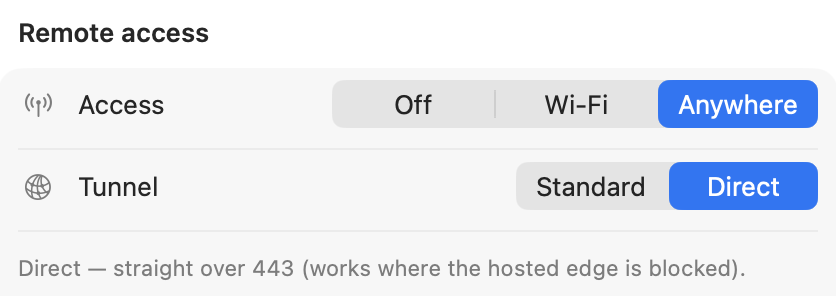 menu-bar Preferences — Remote access: Off / Wi-Fi / Anywhere, tunnel Standard / Direct